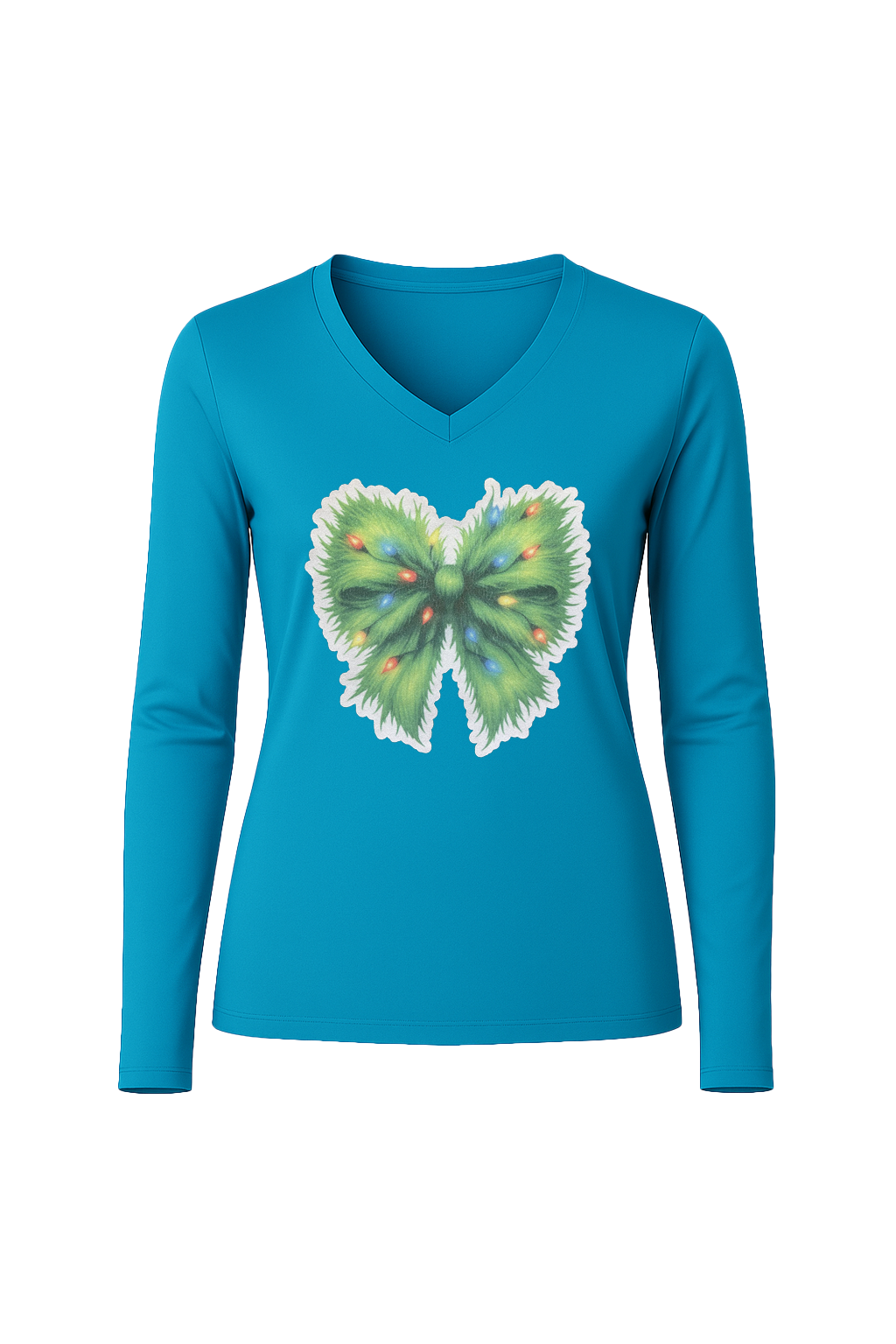 Glitter Evergreen Bow Long Sleeve V-Neck Tee
