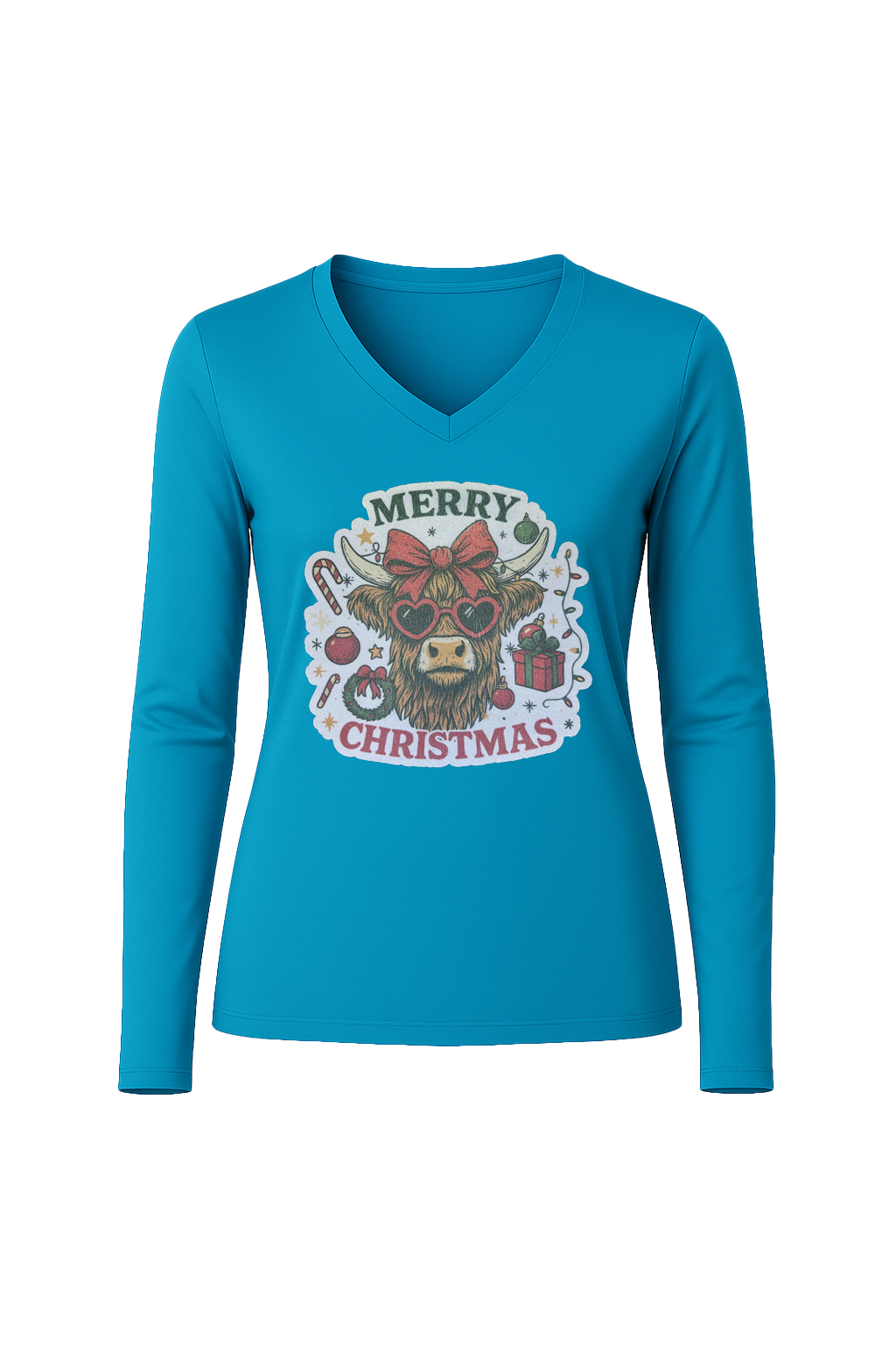 Glitter Christmas Cow Long Sleeve V-Neck Tee