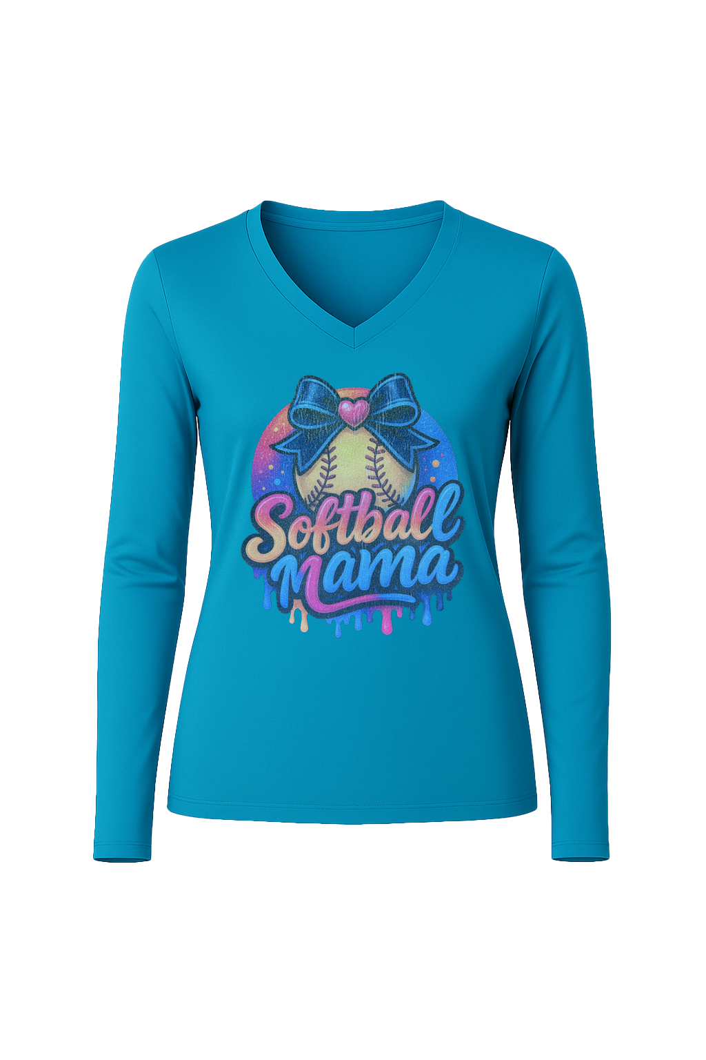 Glitter Softball Mama Drip Long Sleeve V-Neck Tee