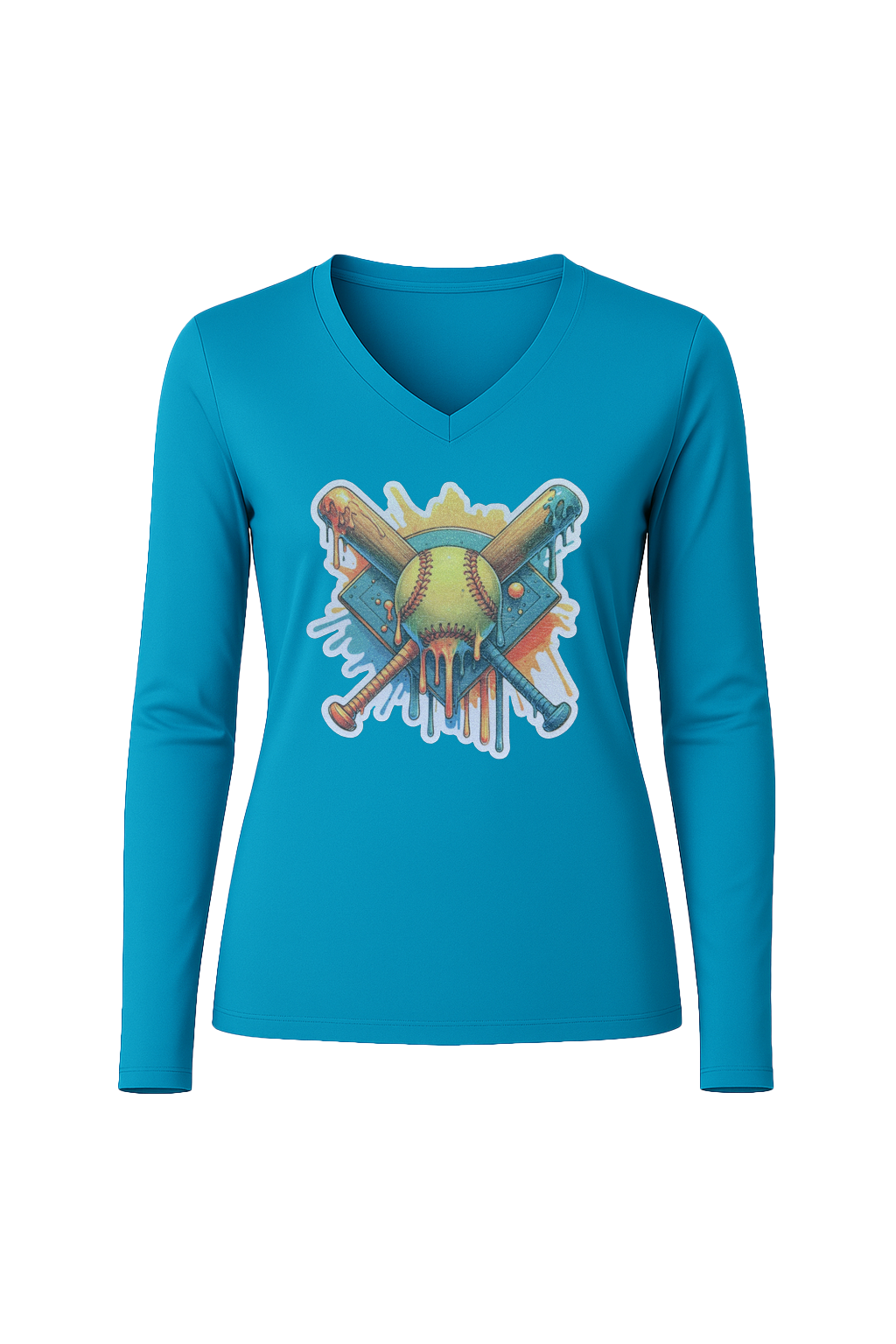 Glitter Teal Shield Long Sleeve V-Neck Tee
