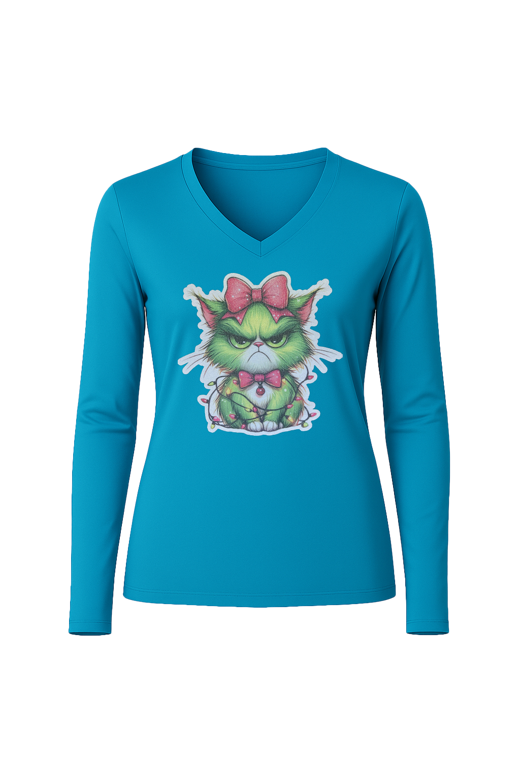Glitter Grumpy Green Cat Long Sleeve V-Neck Tee