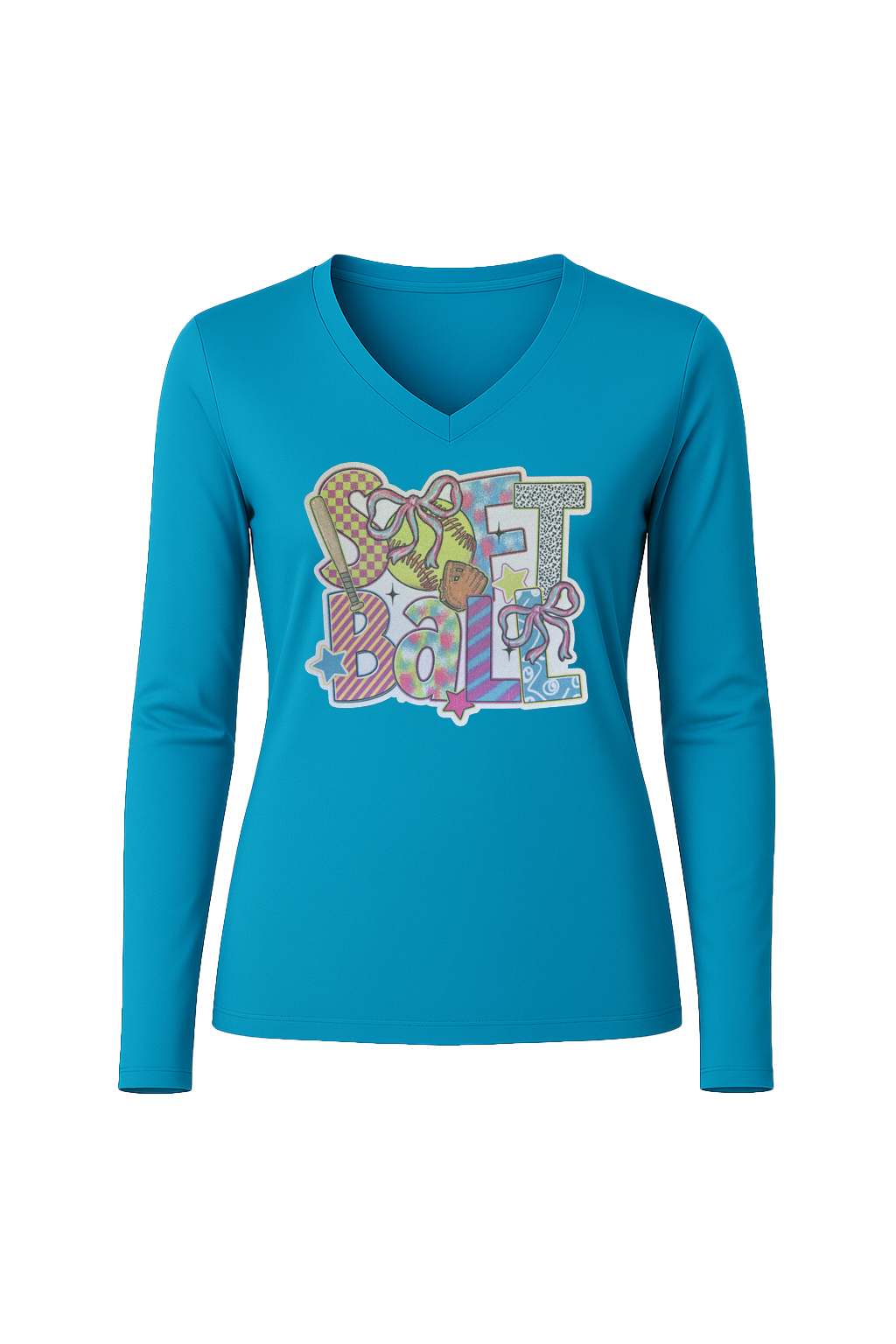 Glitter Softball Collage Long Sleeve V-Neck Tee