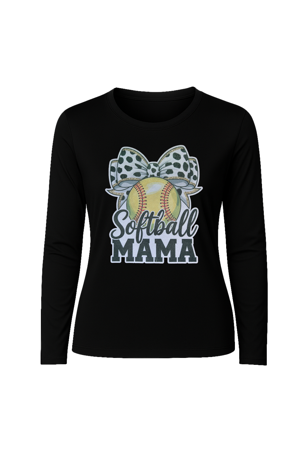 Glitter Softball Mama Bow Long Sleeve Tee UPF 50