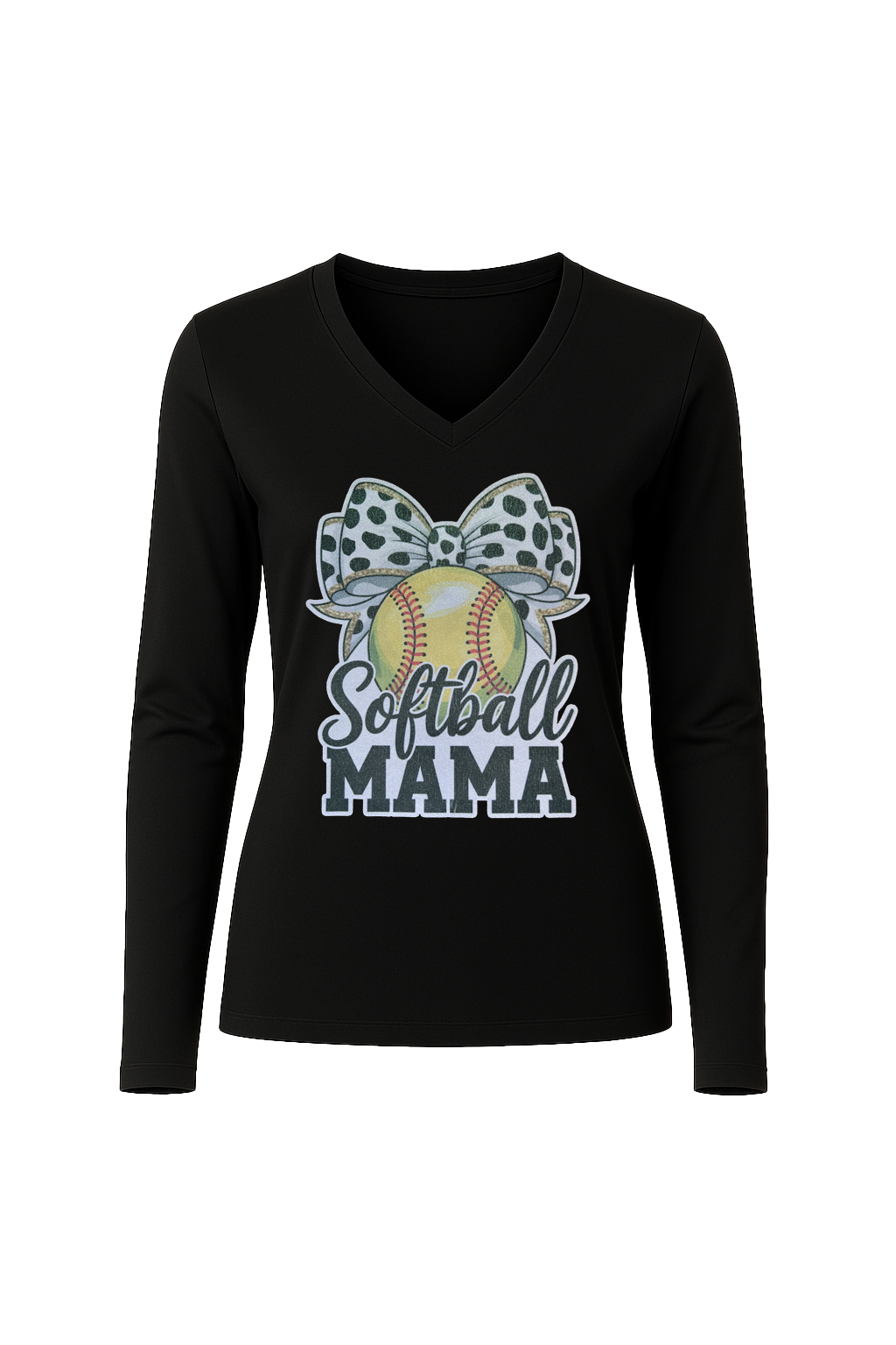 Glitter Softball Mama Bow Long Sleeve V-Neck Tee