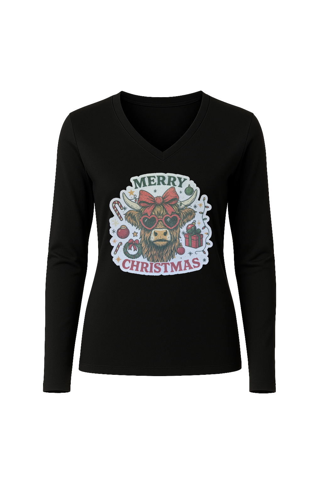 Glitter Christmas Cow Long Sleeve V-Neck Tee