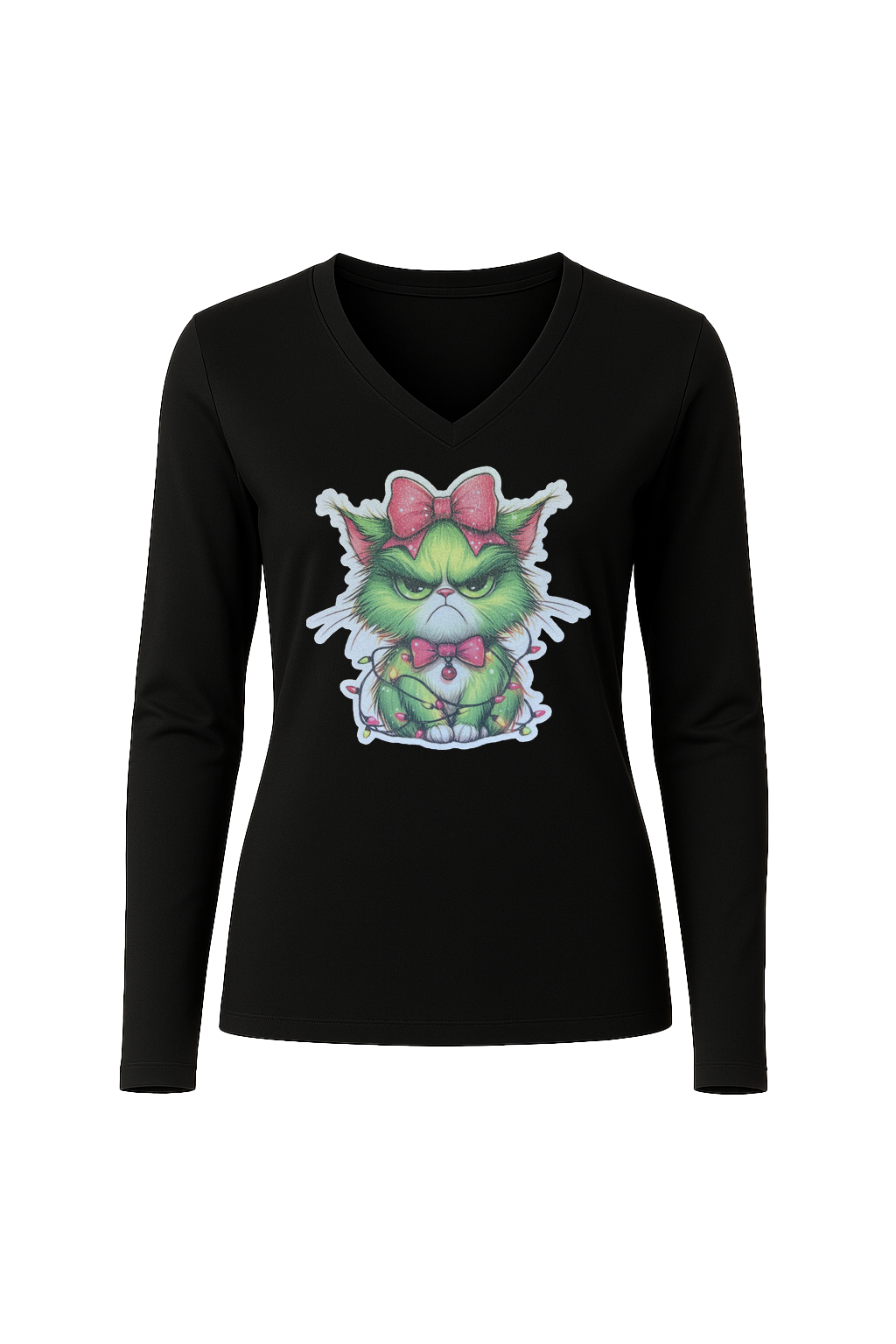 Glitter Grumpy Green Cat Long Sleeve V-Neck Tee