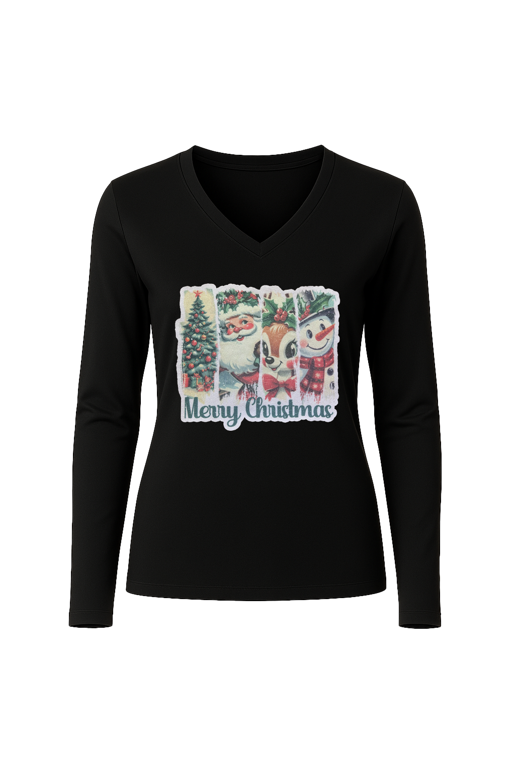 Glitter Christmas Collage Long Sleeve V-Neck Tee
