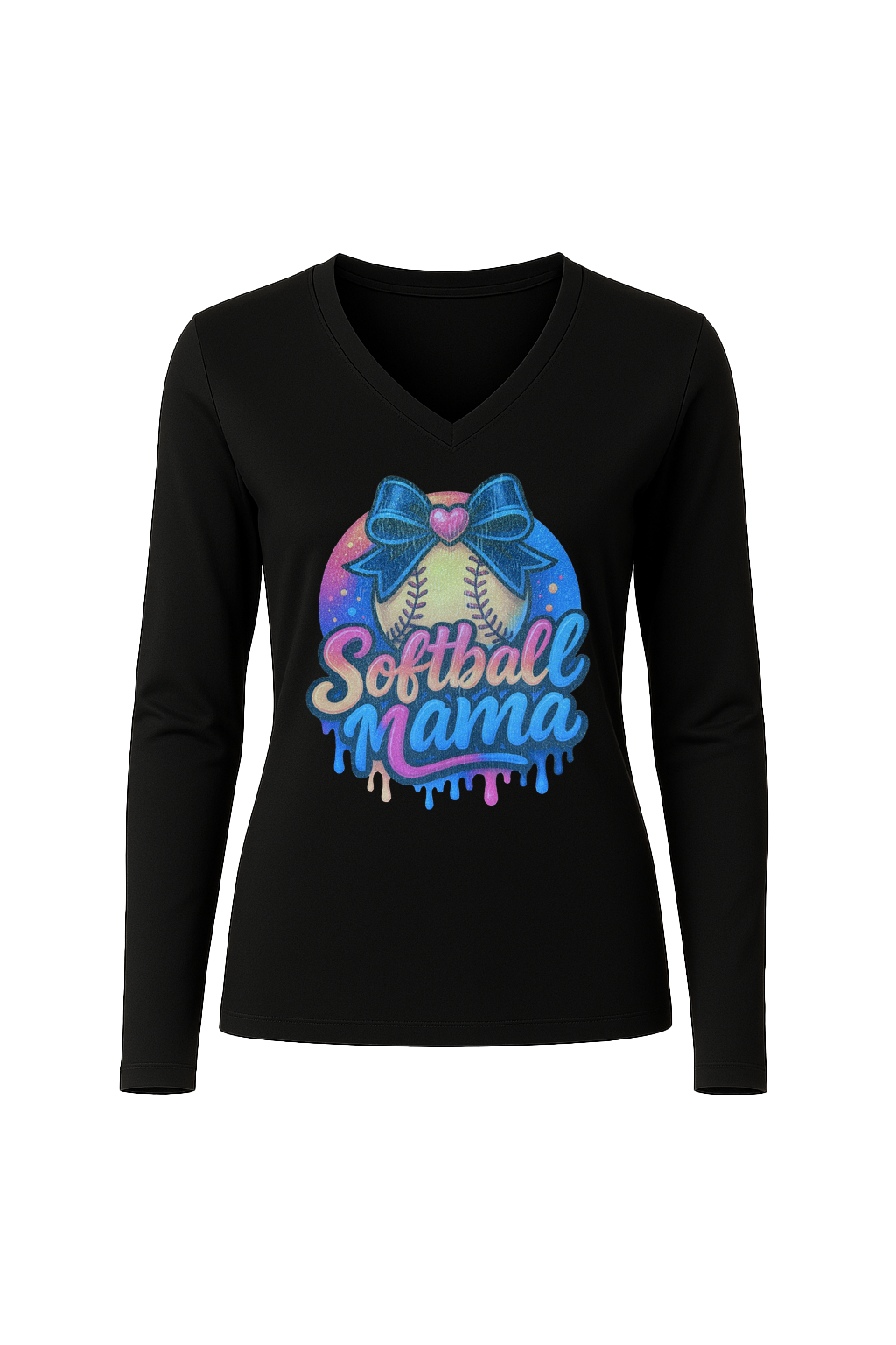 Glitter Softball Mama Drip Long Sleeve V-Neck Tee