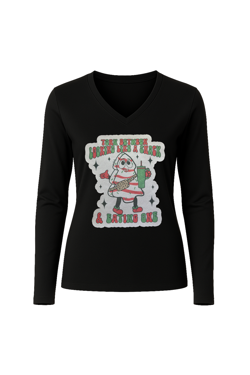 Glitter Christmas Snack Long Sleeve V-Neck Tee