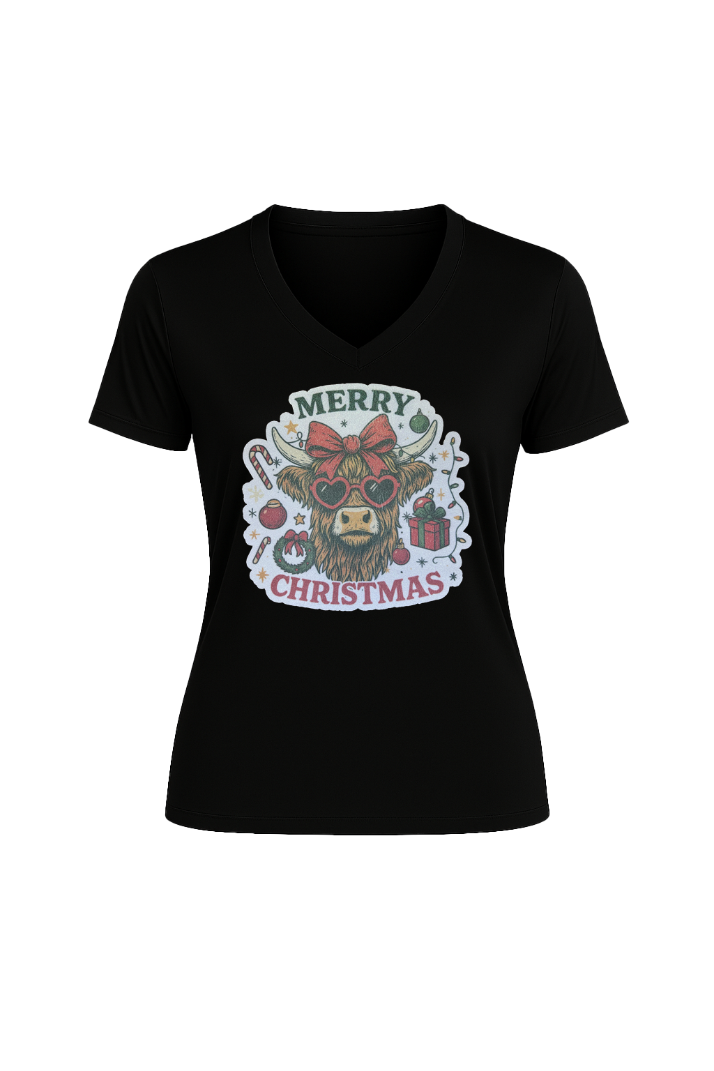 Glitter Christmas Cow Short Sleeve V-Neck Tee