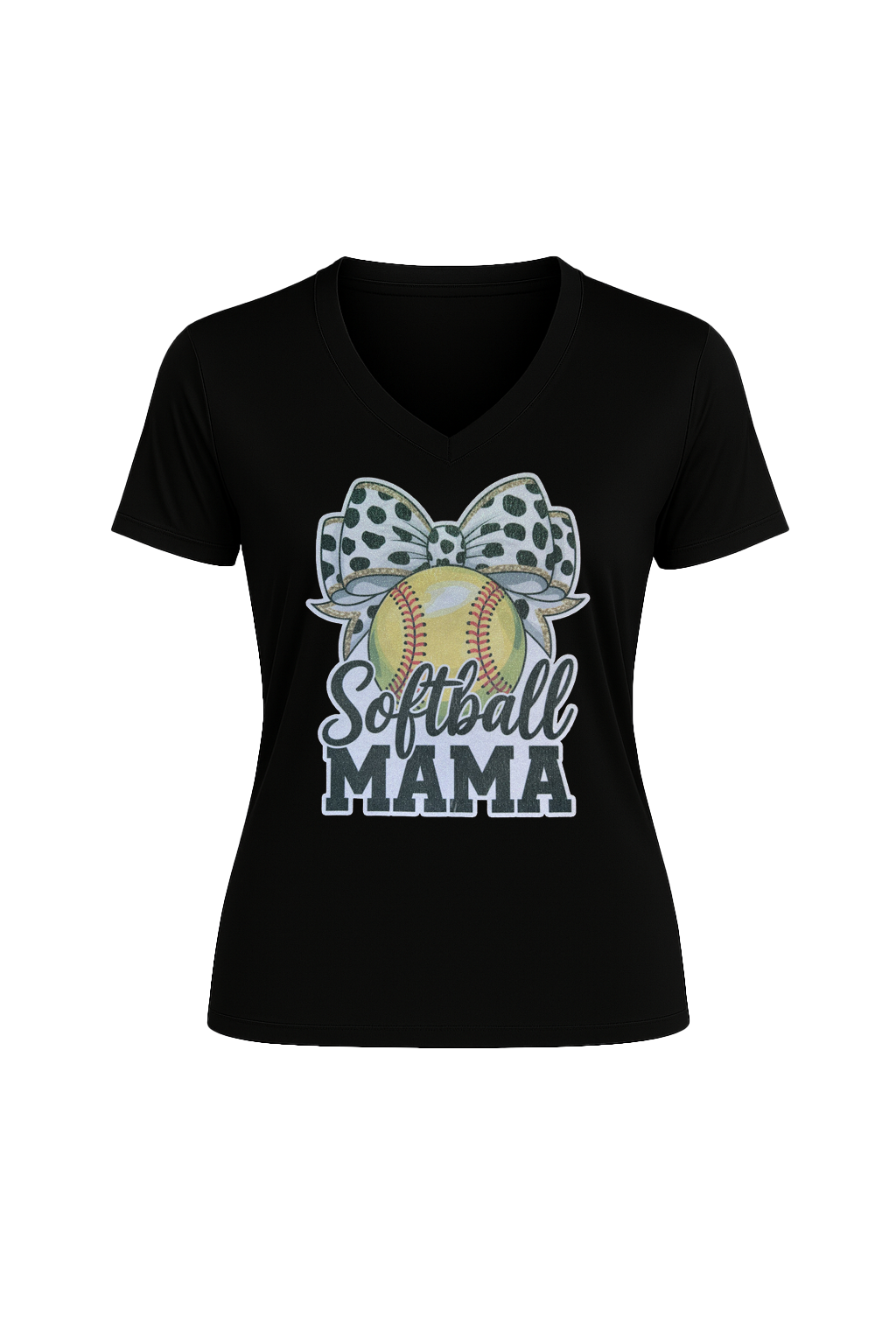 Glitter Softball Mama Bow Short Sleeve V-Neck Tee