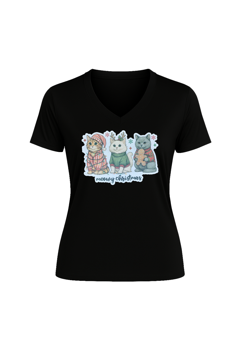 Glitter Christmas Cats Short Sleeve V-Neck Tee