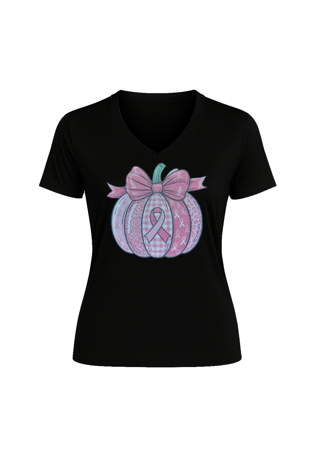 Glitter Breast Cancer Pumpkin Short Sleeve V-Neck Tee