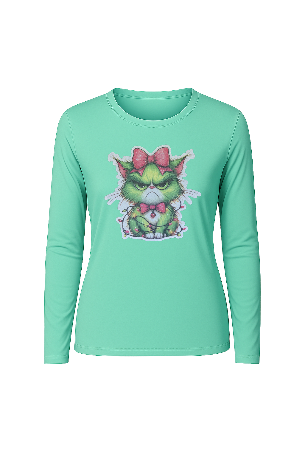 Glitter Grump Green Cat Long Sleeve Tee UPF 50
