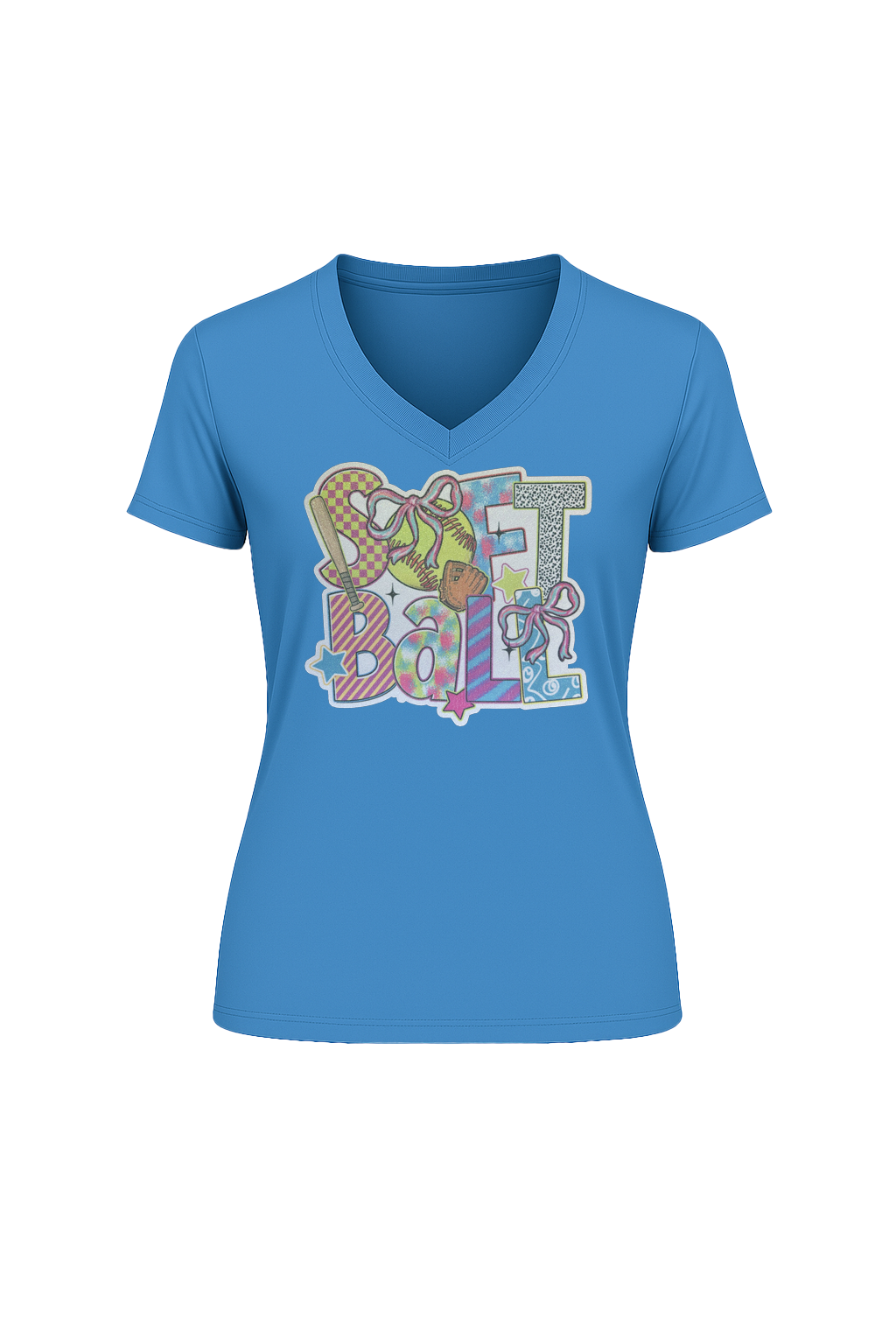 Glitter Softball Collage Short Sleeve V-Neck Tee