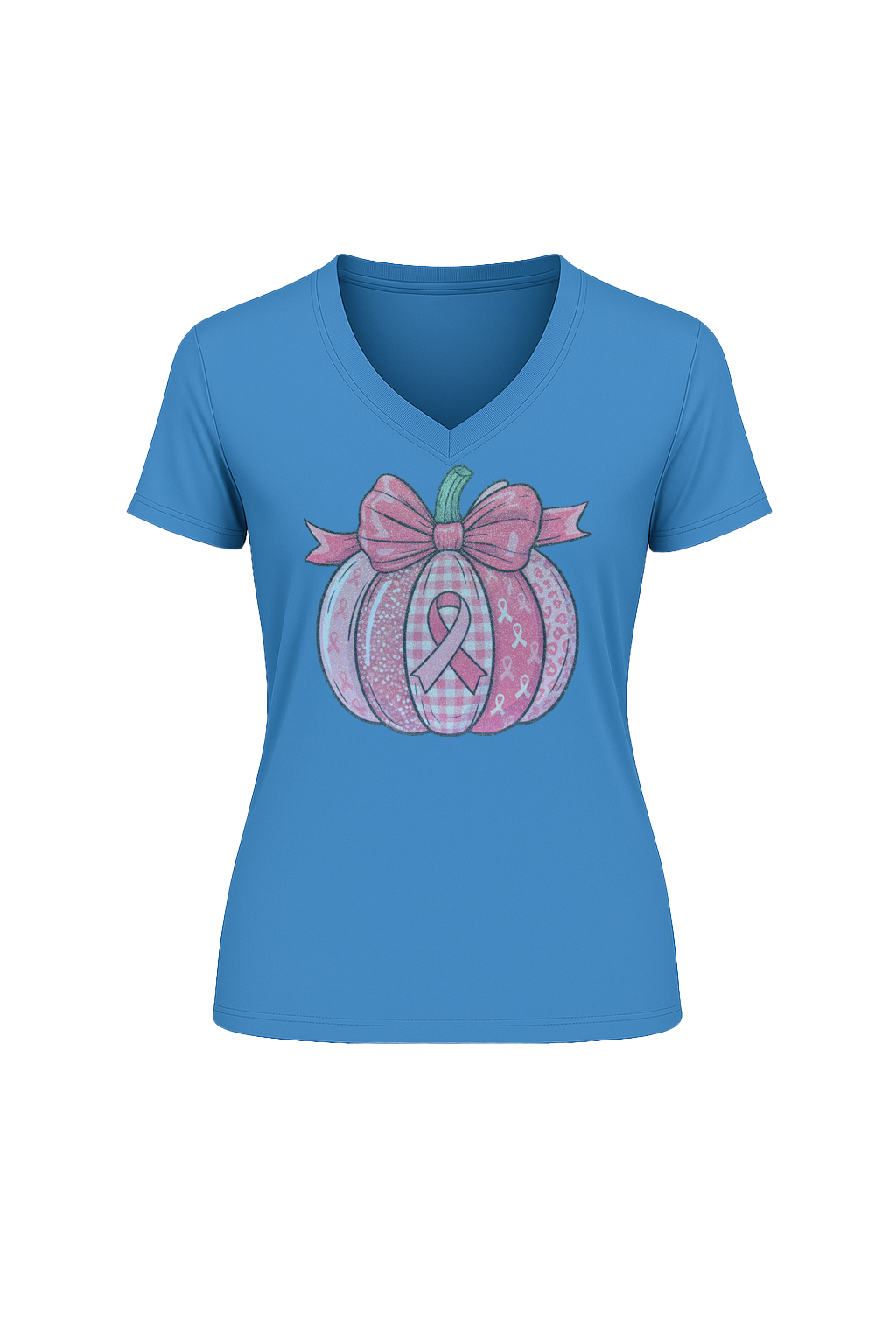 Glitter Breast Cancer Pumpkin Short Sleeve V-Neck Tee