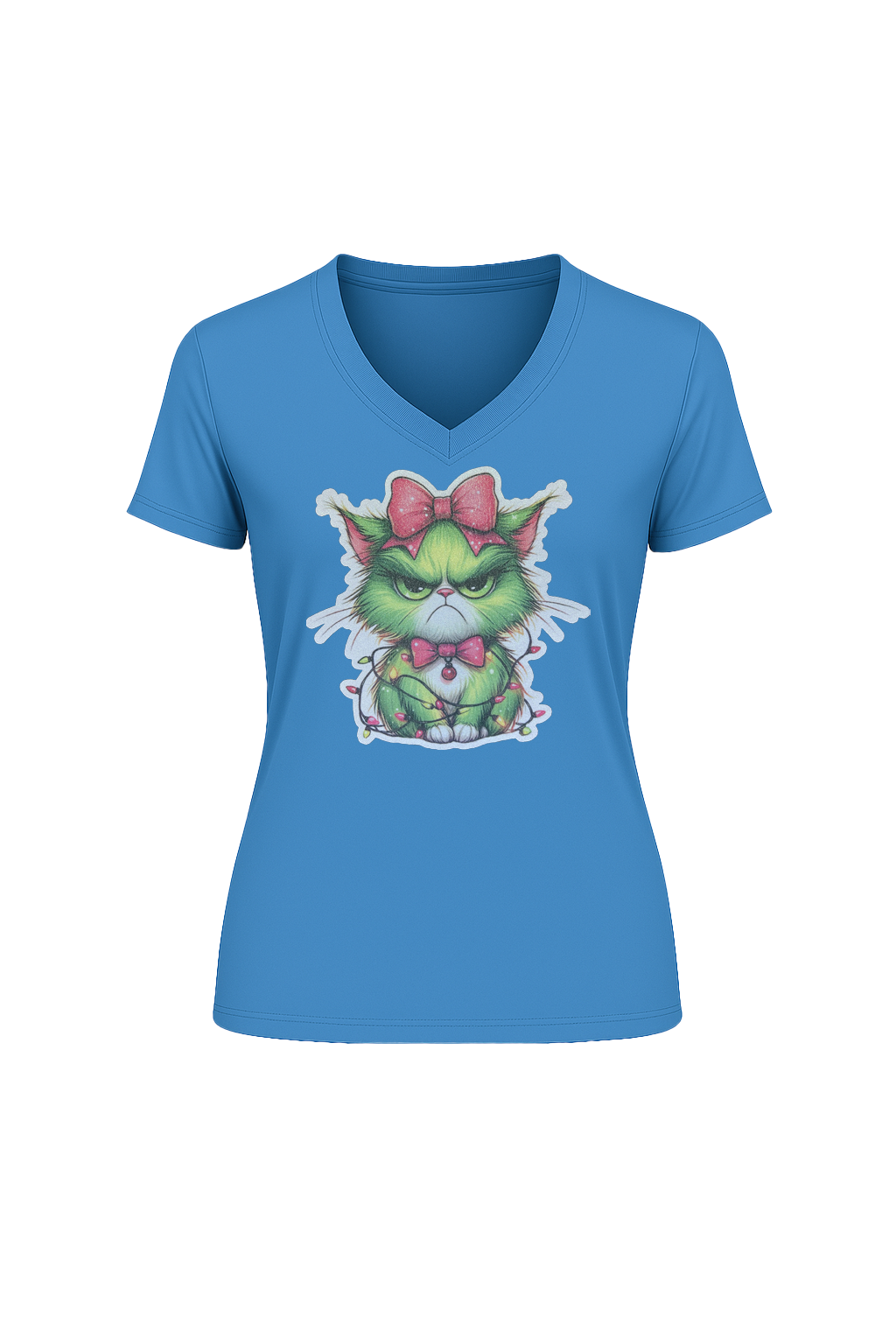Glitter Grumpy Green Cat Short Sleeve V-Neck Tee