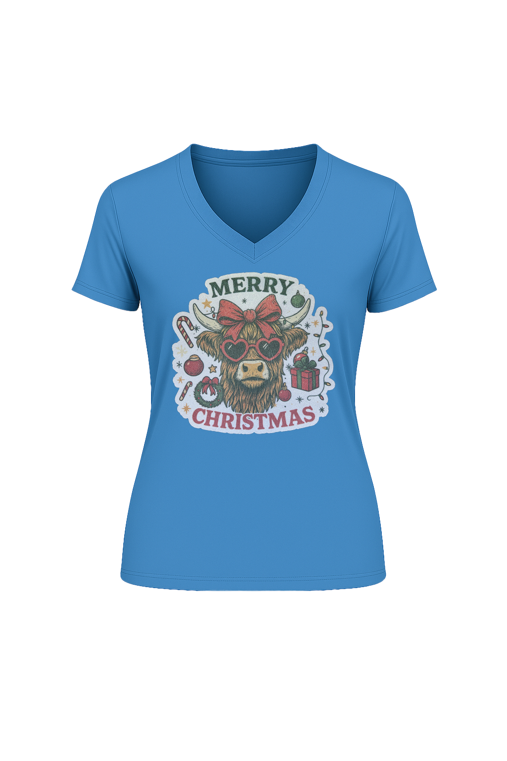 Glitter Christmas Cow Short Sleeve V-Neck Tee