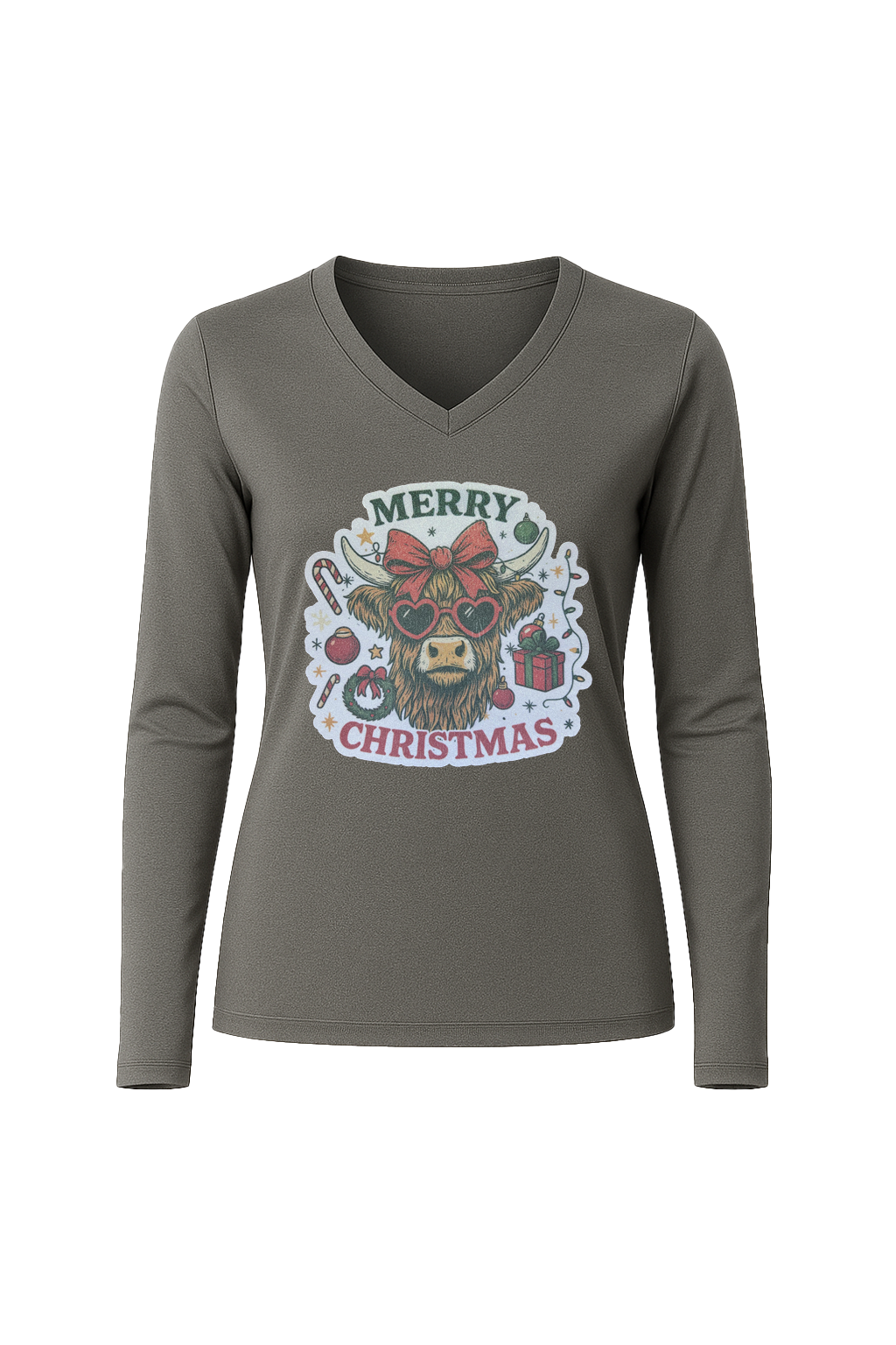 Glitter Christmas Cow Long Sleeve V-Neck Tee