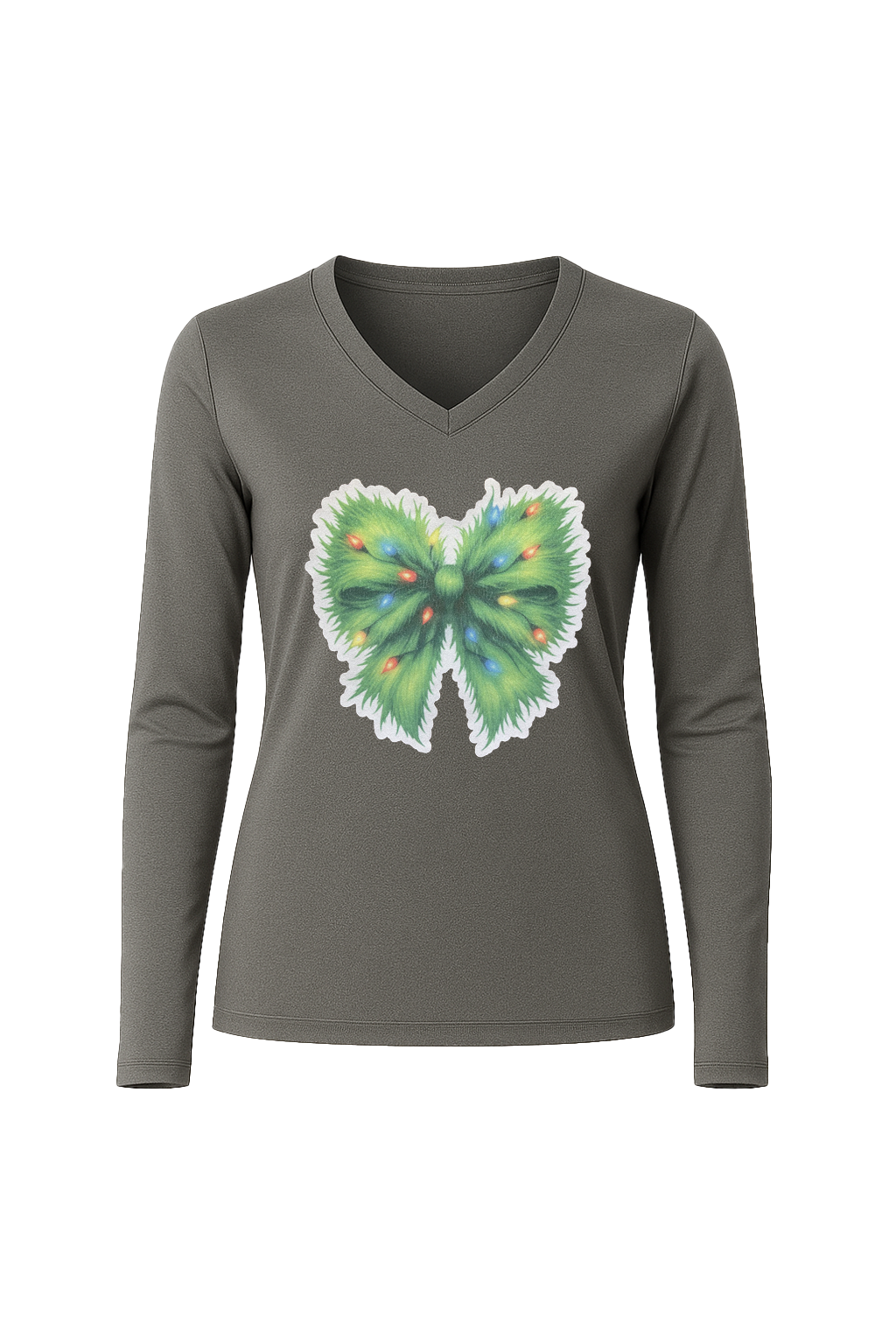 Glitter Evergreen Bow Long Sleeve V-Neck Tee