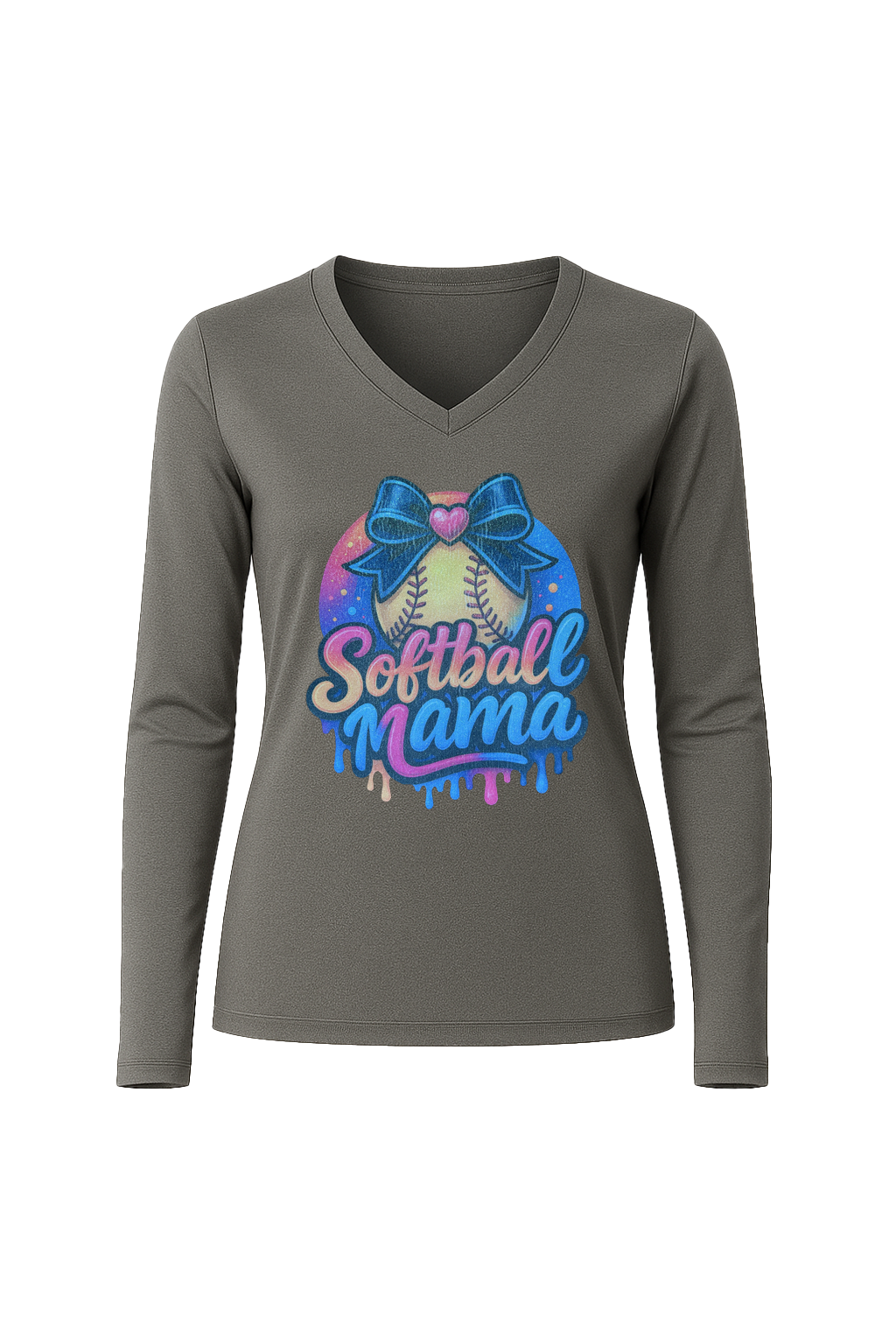 Glitter Softball Mama Drip Long Sleeve V-Neck Tee