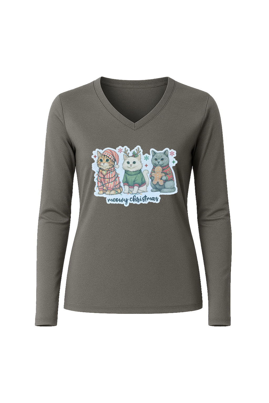 Glitter Christmas Cats Long Sleeve V-Neck Tee