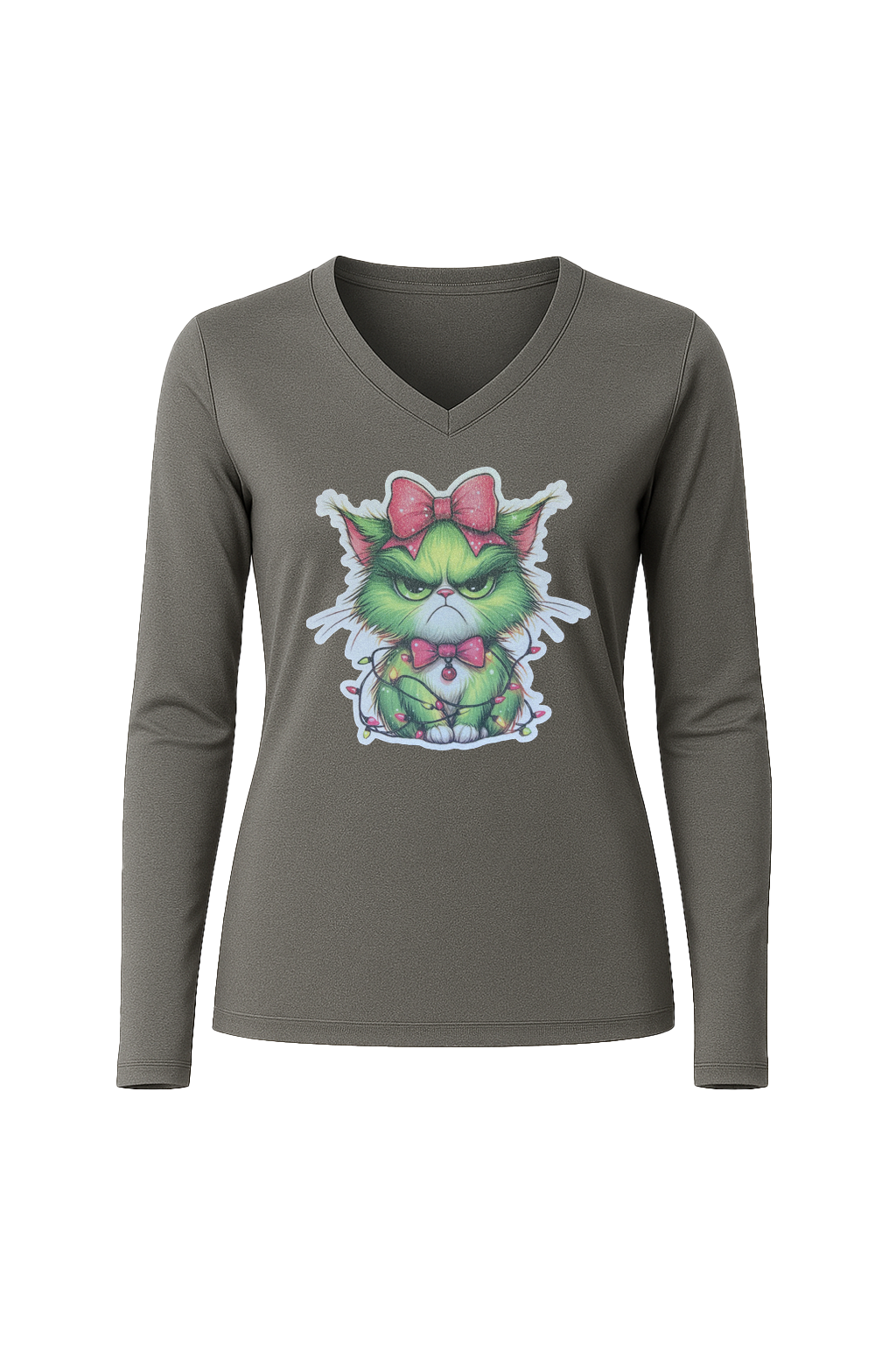 Glitter Grumpy Green Cat Long Sleeve V-Neck Tee