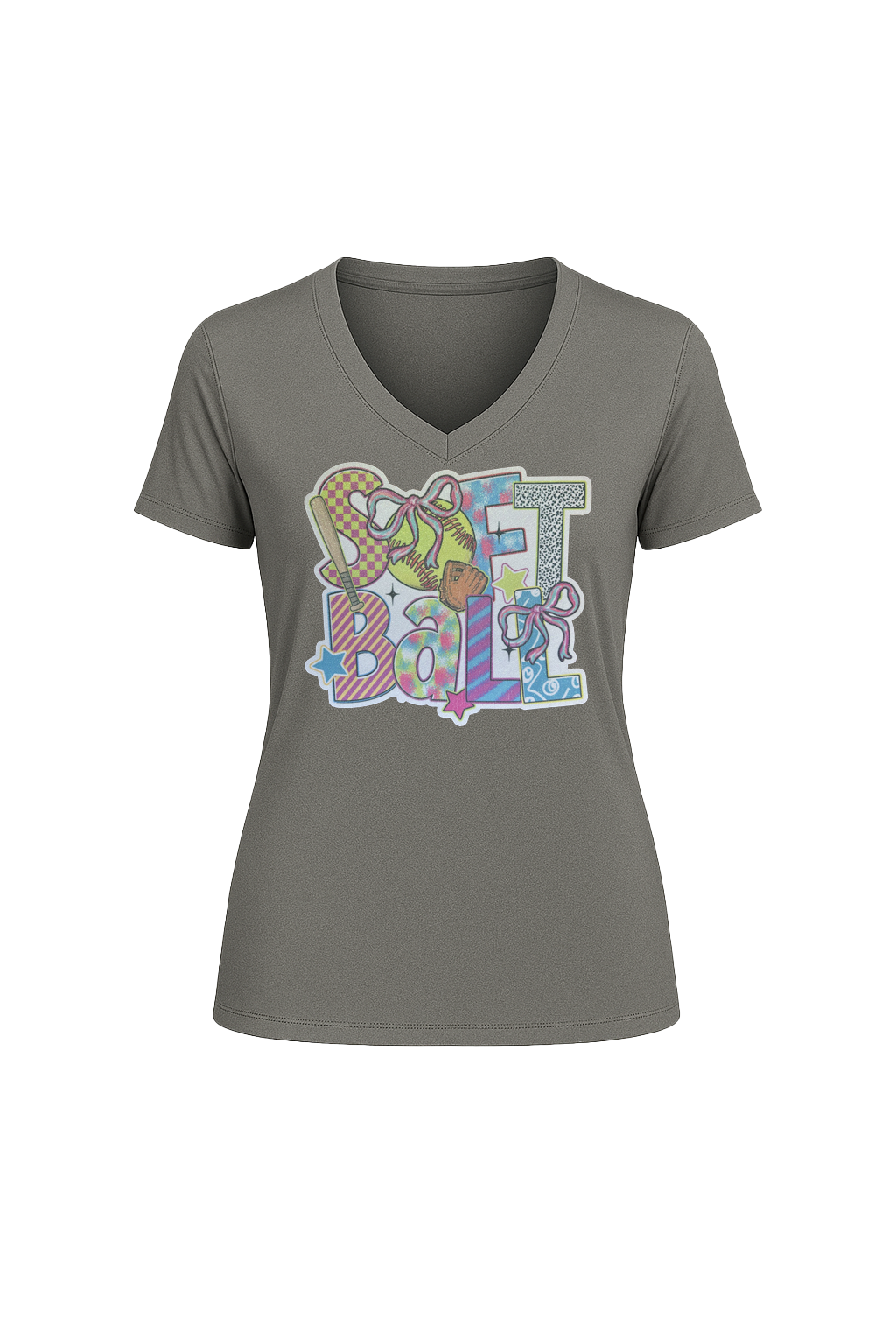 Glitter Softball Collage Short Sleeve V-Neck Tee