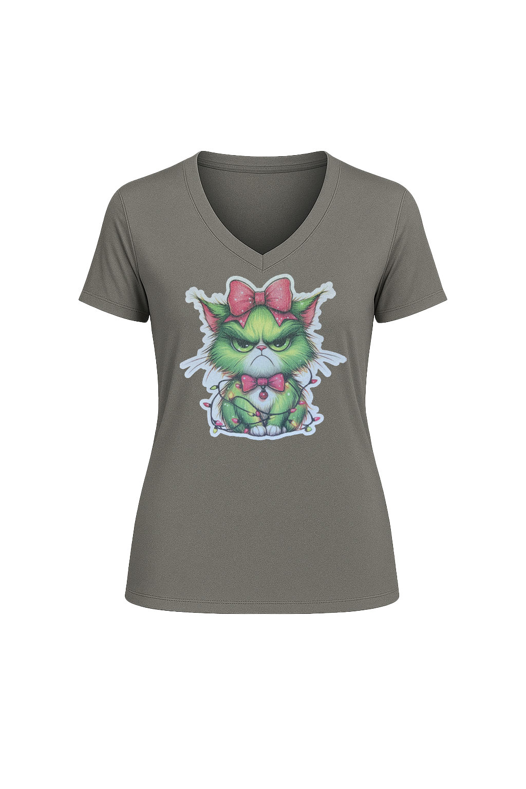 Glitter Grumpy Green Cat Short Sleeve V-Neck Tee