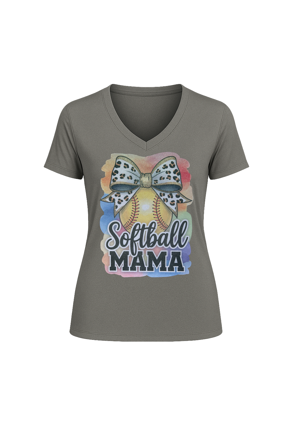 Glitter Watercolor Softball Mama Short Sleeve V-Neck Tee