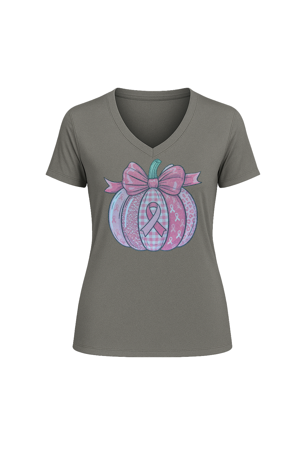 Glitter Breast Cancer Pumpkin Short Sleeve V-Neck Tee