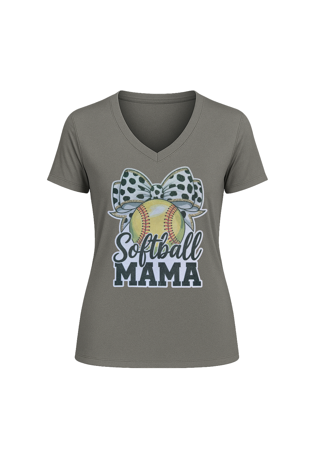 Glitter Softball Mama Bow Short Sleeve V-Neck Tee