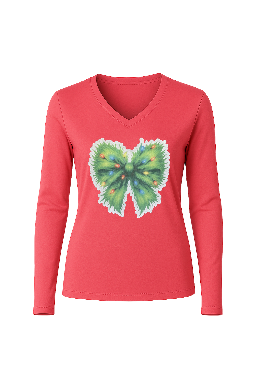 Glitter Evergreen Bow Long Sleeve V-Neck Tee