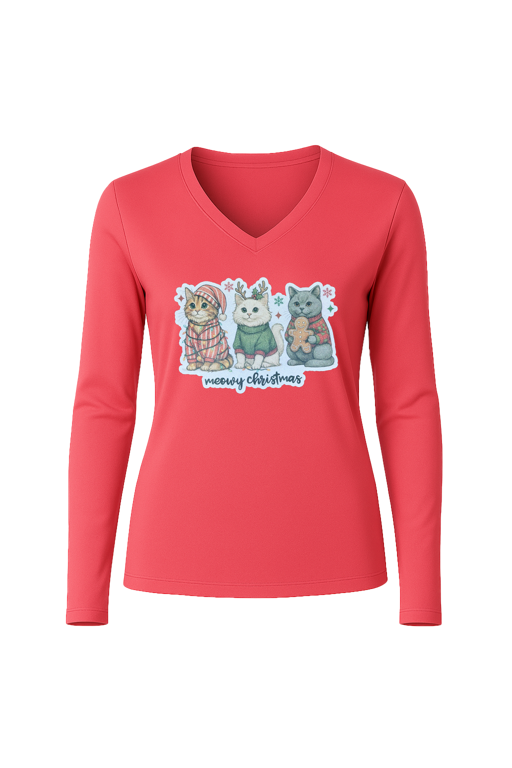 Glitter Christmas Cats Long Sleeve V-Neck Tee