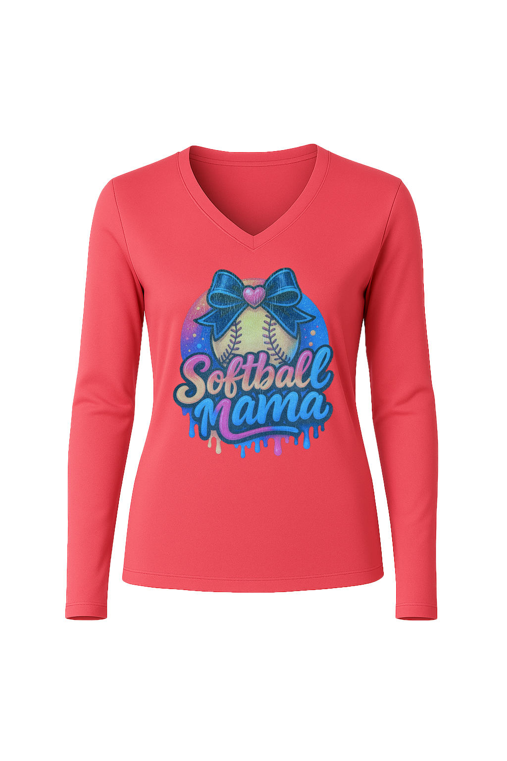 Glitter Softball Mama Drip Long Sleeve V-Neck Tee
