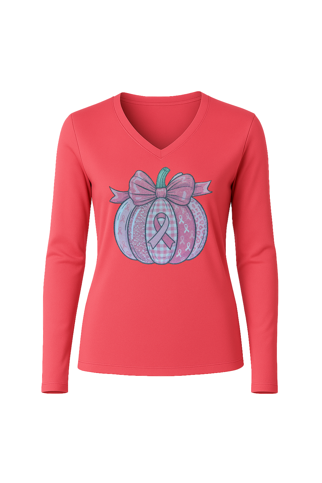 Glitter Breast Cancer Pumpkin Long Sleeve V-Neck Tee