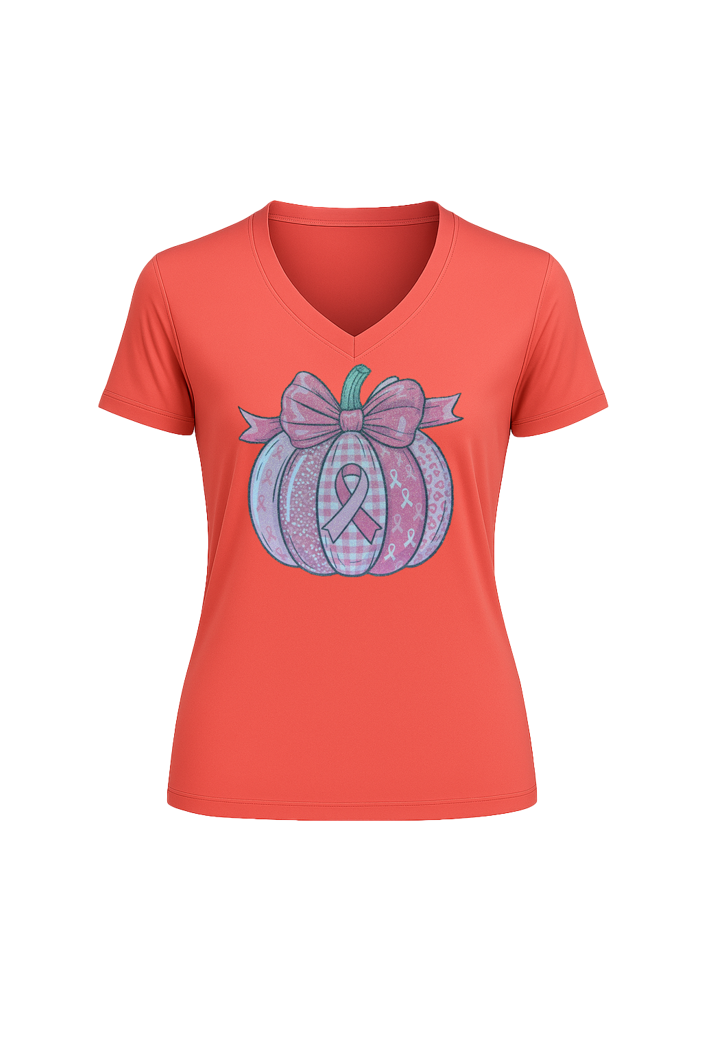 Glitter Breast Cancer Pumpkin Short Sleeve V-Neck Tee