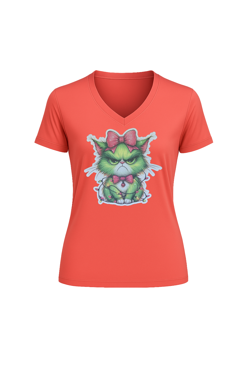 Glitter Grumpy Green Cat Short Sleeve V-Neck Tee