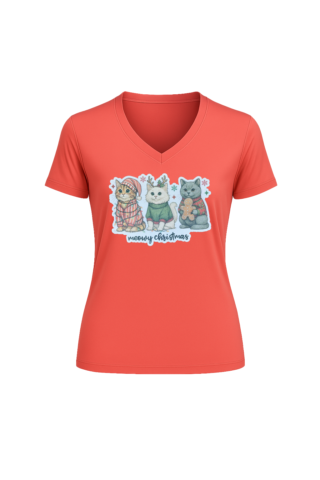 Glitter Christmas Cats Short Sleeve V-Neck Tee