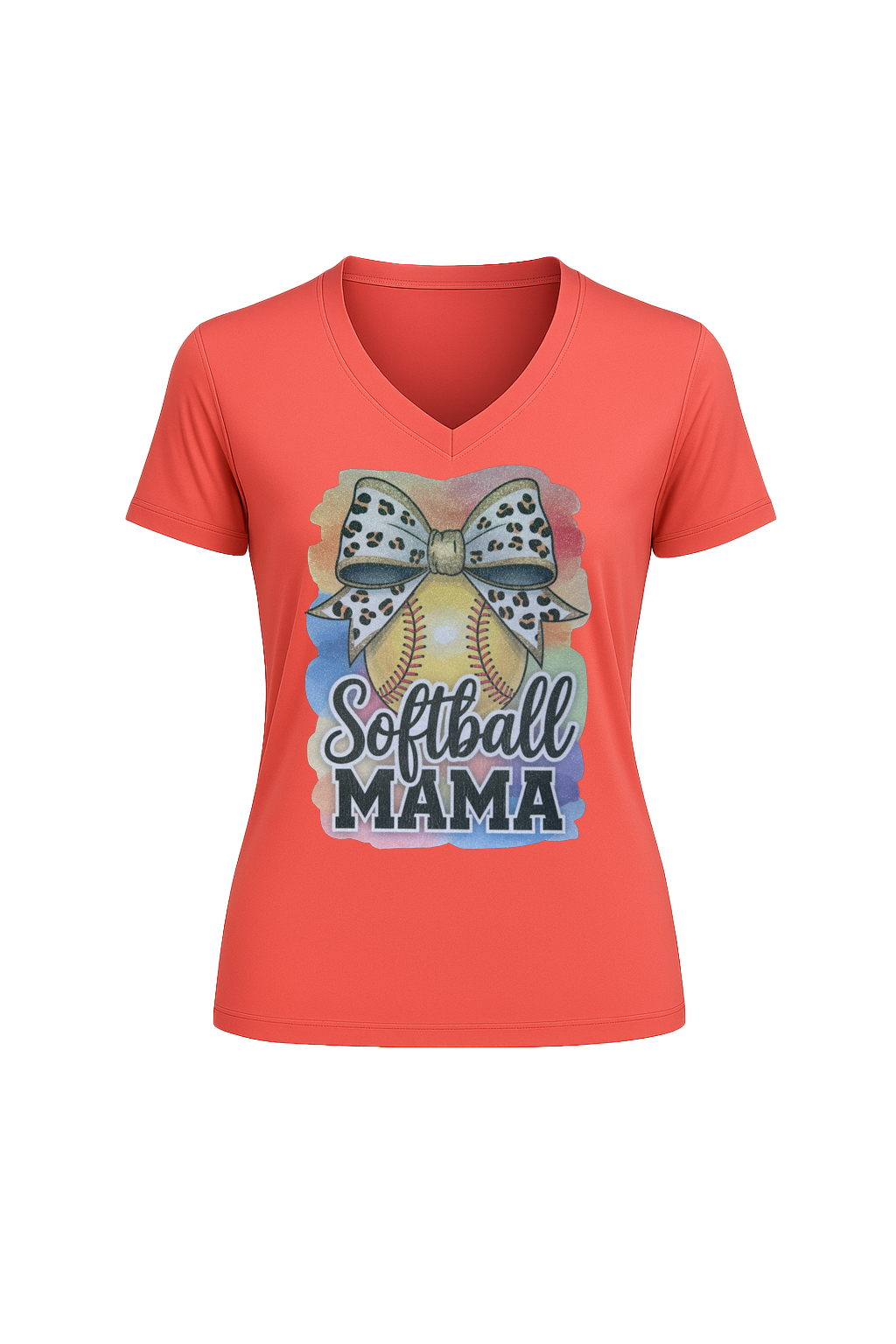 Glitter Watercolor Softball Mama Short Sleeve V-Neck Tee