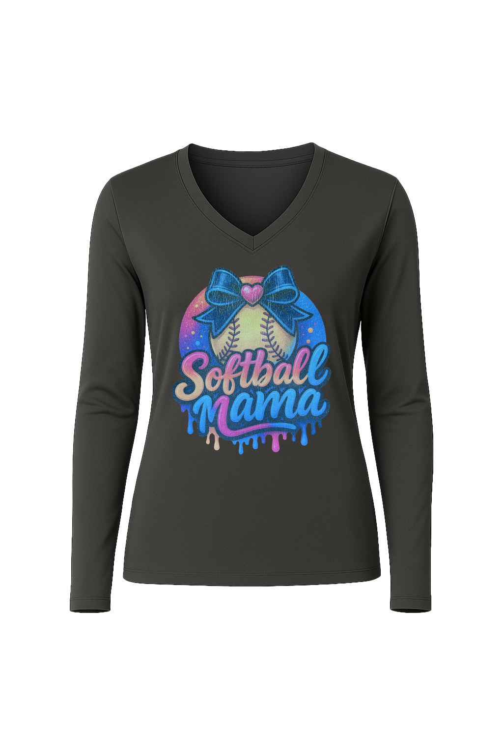 Glitter Softball Mama Drip Long Sleeve V-Neck Tee