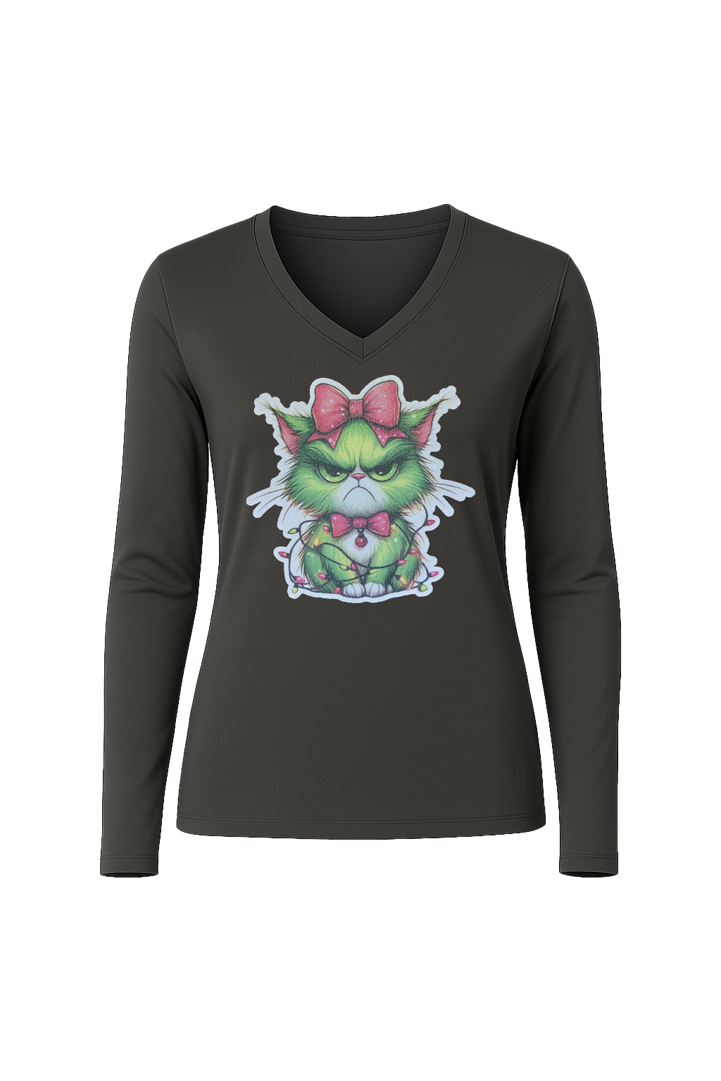 Glitter Grumpy Green Cat Long Sleeve V-Neck Tee