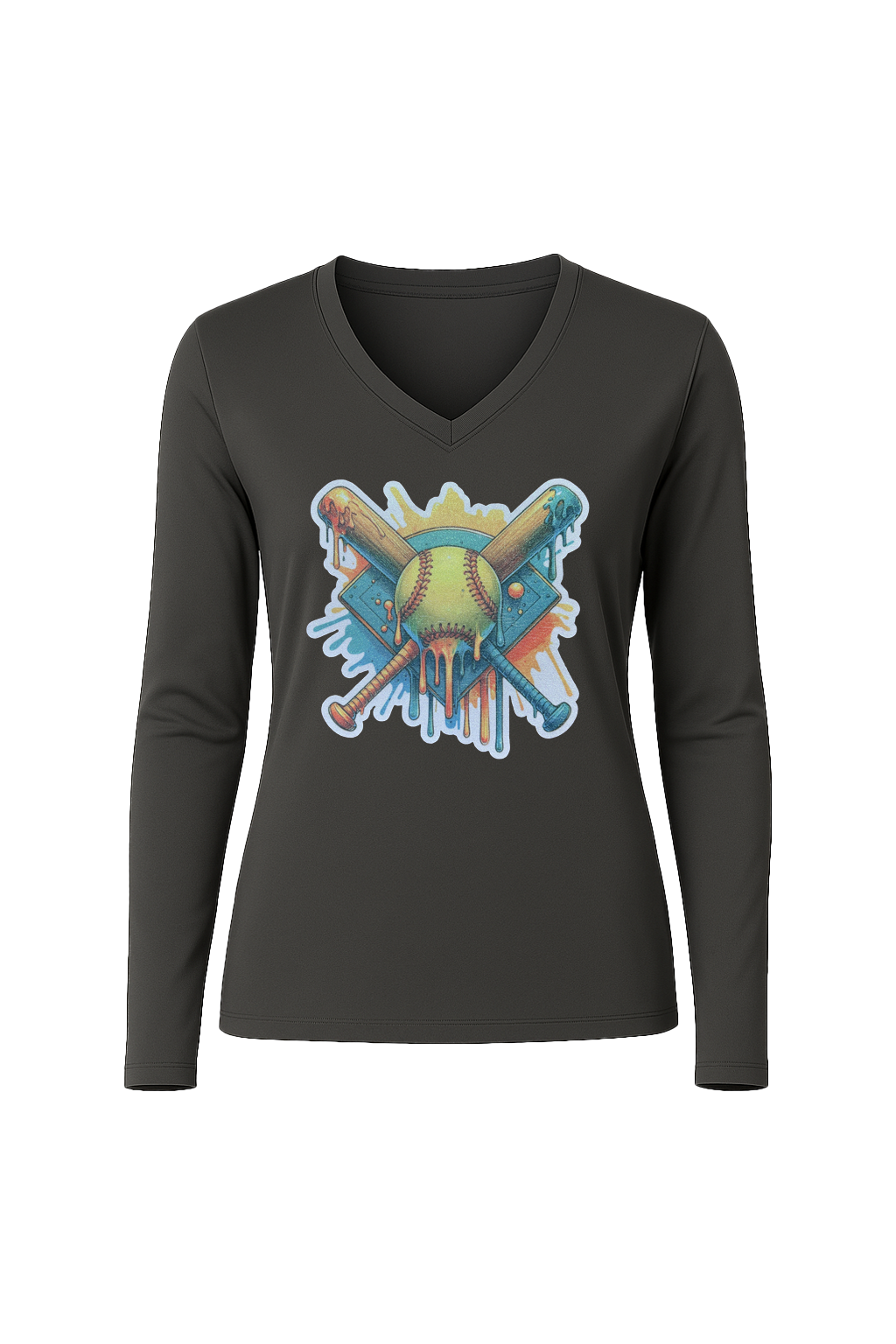 Glitter Teal Shield Long Sleeve V-Neck Tee