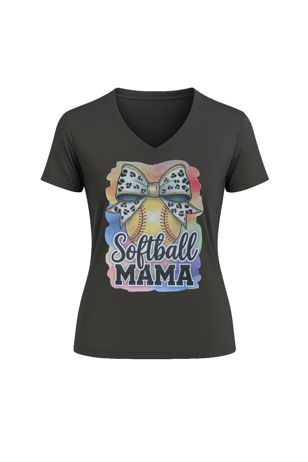 Glitter Watercolor Softball Mama Short Sleeve V-Neck Tee
