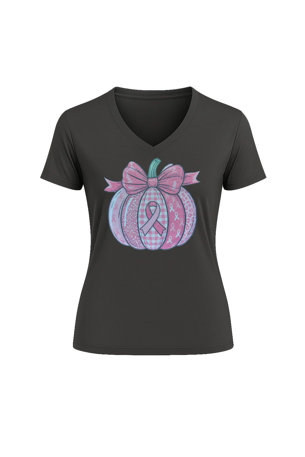 Glitter Breast Cancer Pumpkin Short Sleeve V-Neck Tee