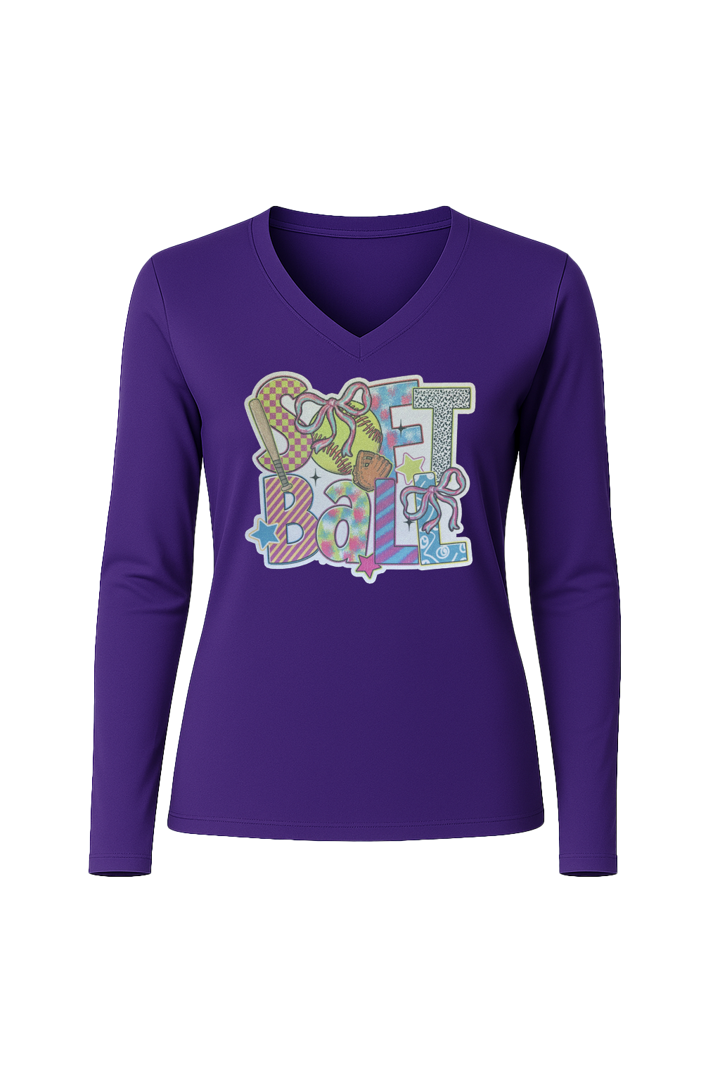 Glitter Softball Collage Long Sleeve V-Neck Tee