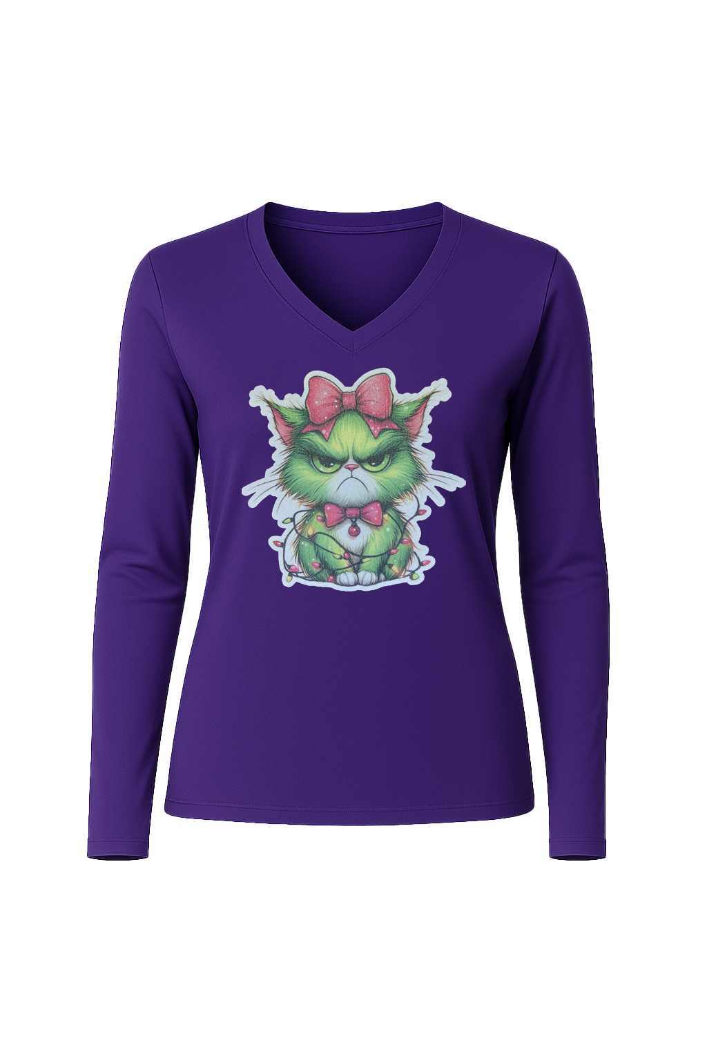 Glitter Grumpy Green Cat Long Sleeve V-Neck Tee