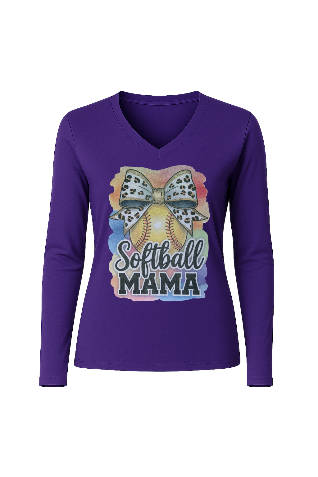 Glitter Watercolor Softball Mama Long Sleeve V-Neck Tee