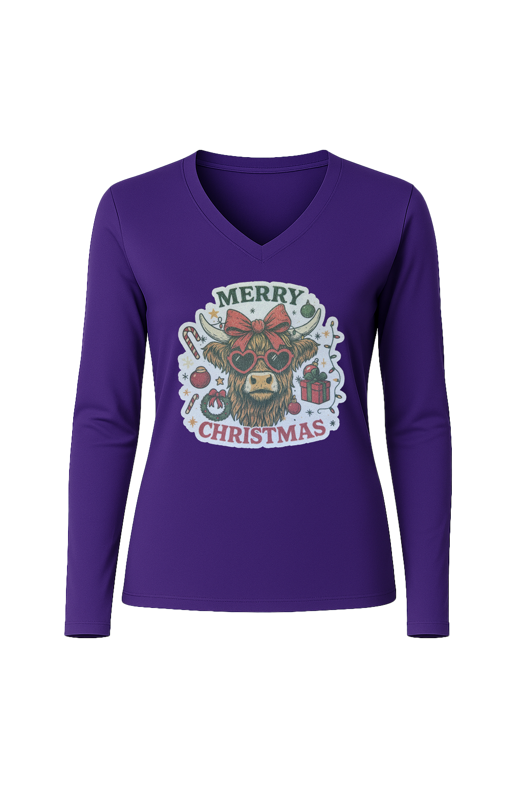 Glitter Christmas Cow Long Sleeve V-Neck Tee
