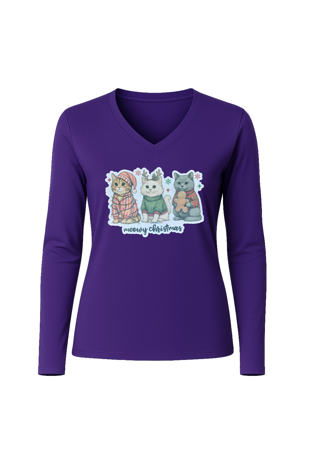 Glitter Christmas Cats Long Sleeve V-Neck Tee